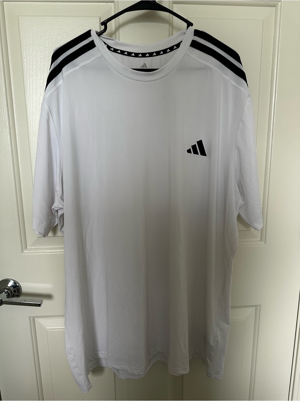 adidas White Short-Sleeve Athletic Tee with Black Stripes
